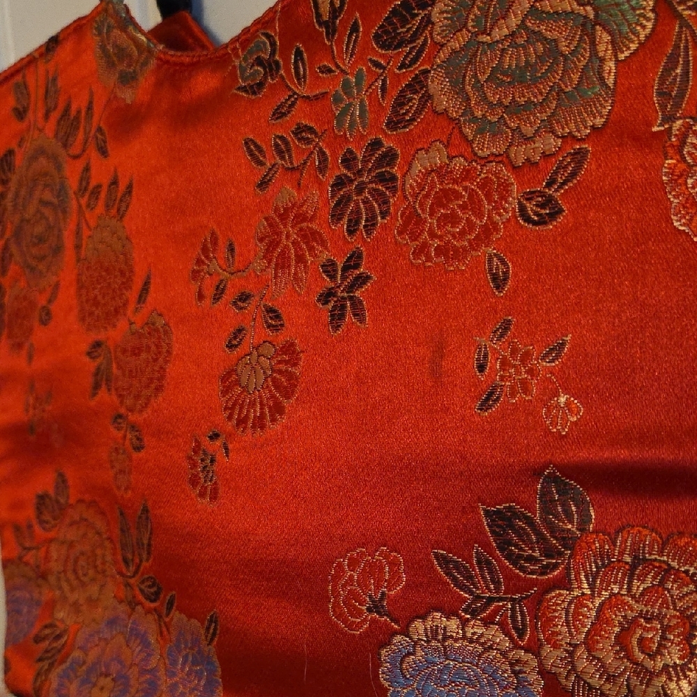 Embroidered Silk Red and Black Floral Tote Bag - Picture 4 of 5